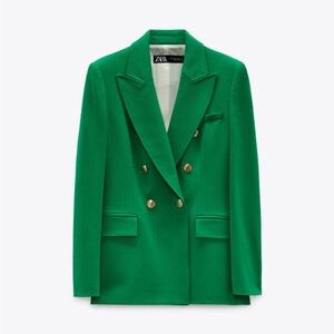 Zara Women's Vibrant Green Blazer with Gold Buttons